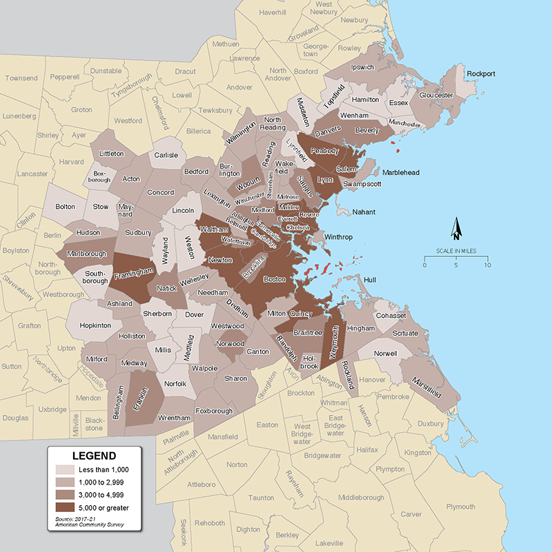 Figure 3-3 is a map that shows the population in the Boston region that has a disability,
by municipality.